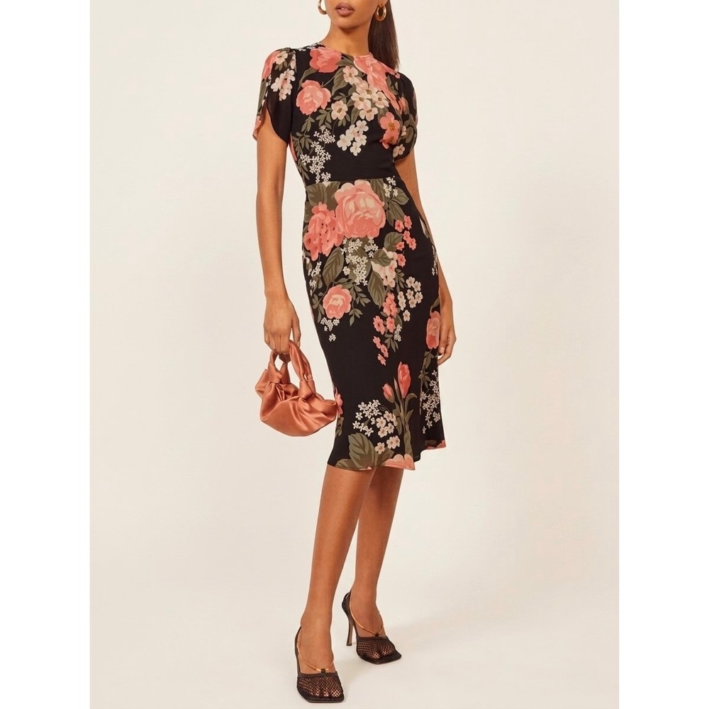 Reformation Andre Midi Sheath Dress Black Pink Rose Floral Vivette Print Size 12